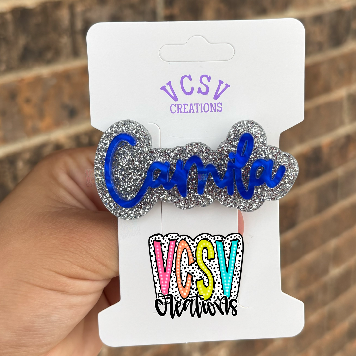 Silver glitter + blue pearl Clip