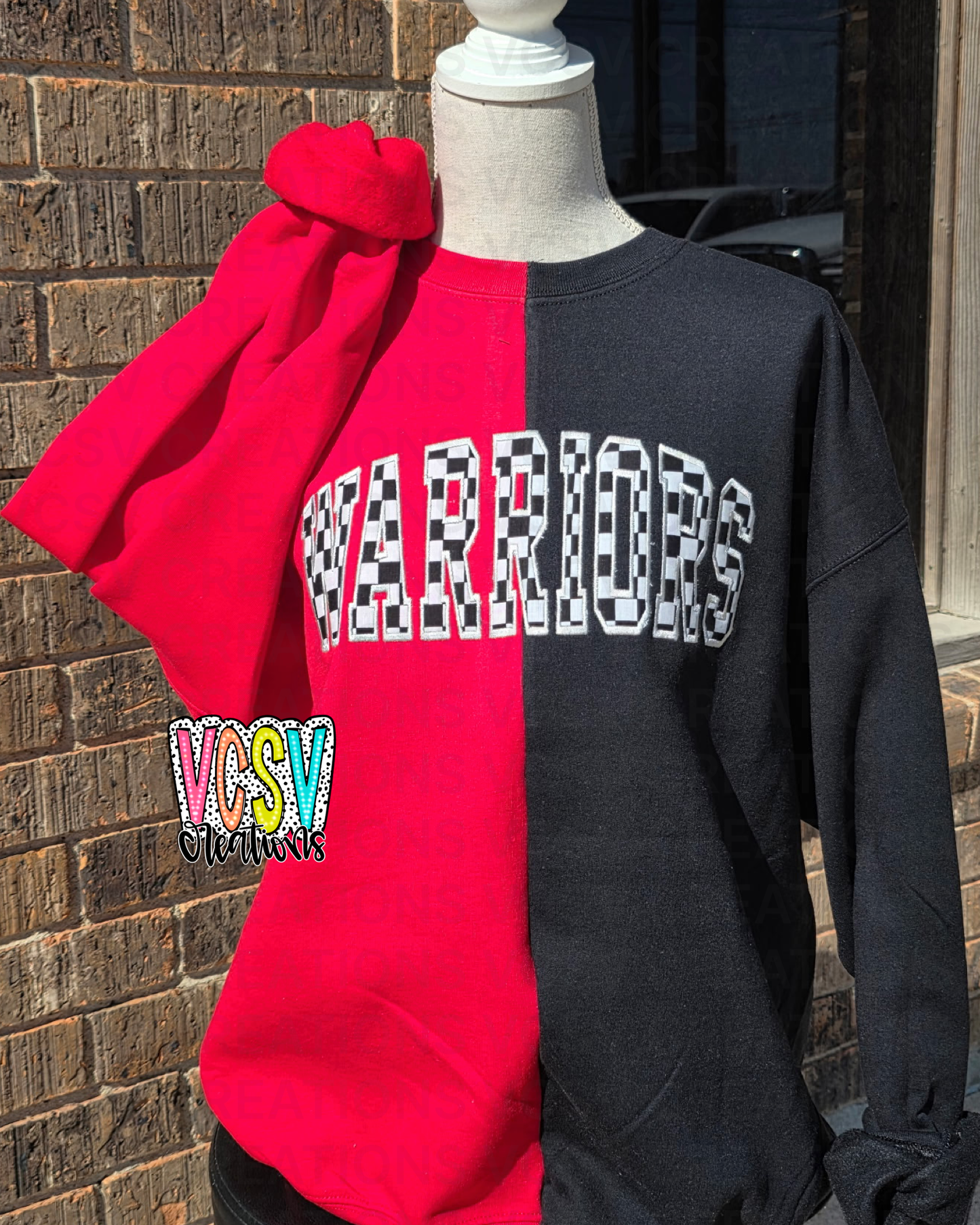 Custom split Checkered Word Appliqué Crewneck