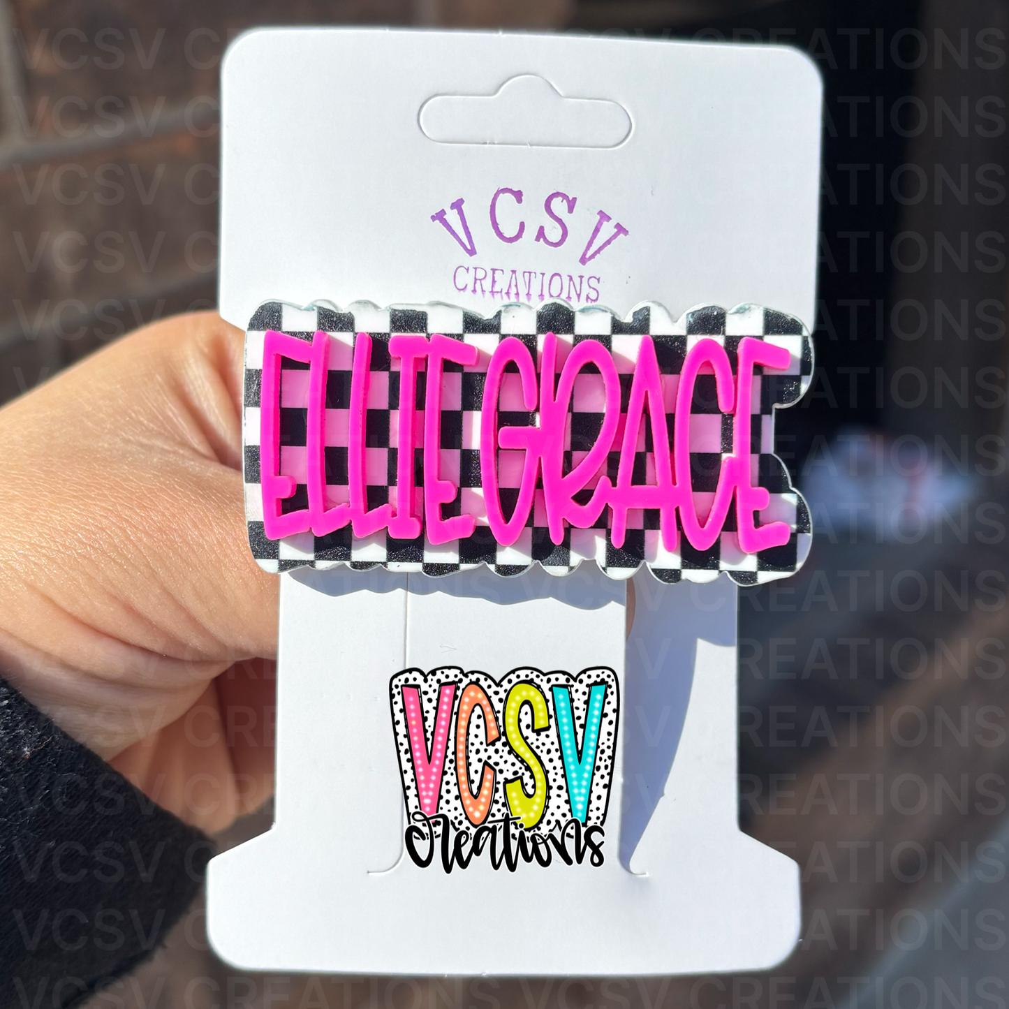 Checkered + electric purple hair clip