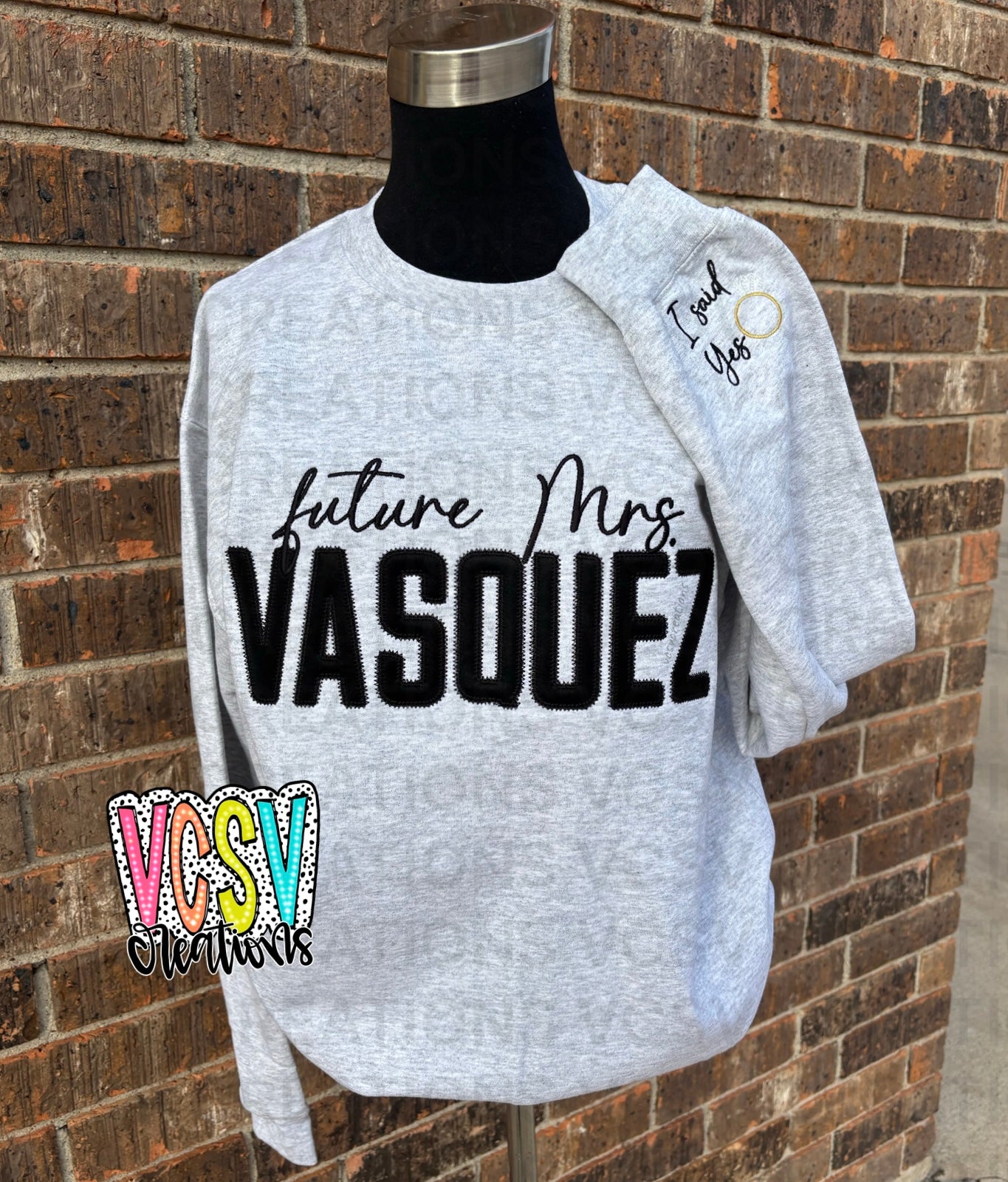 Future Mrs appliqué + sleeve embroidery crewneck