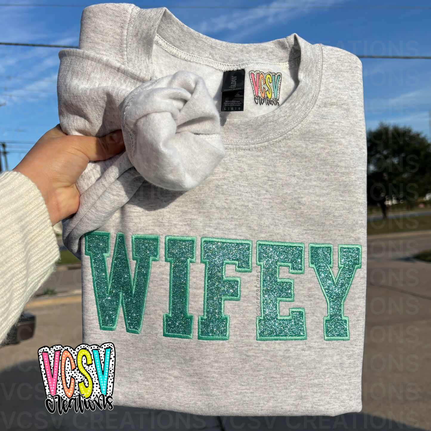Wifey Teal glitter appliqué embroidery