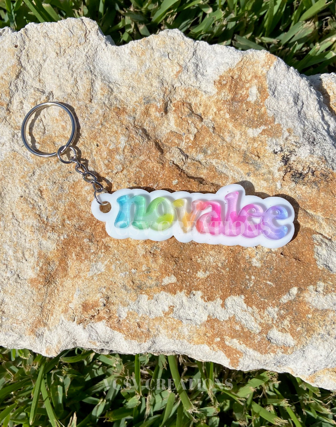 White + Rainbow Leopard Keychain